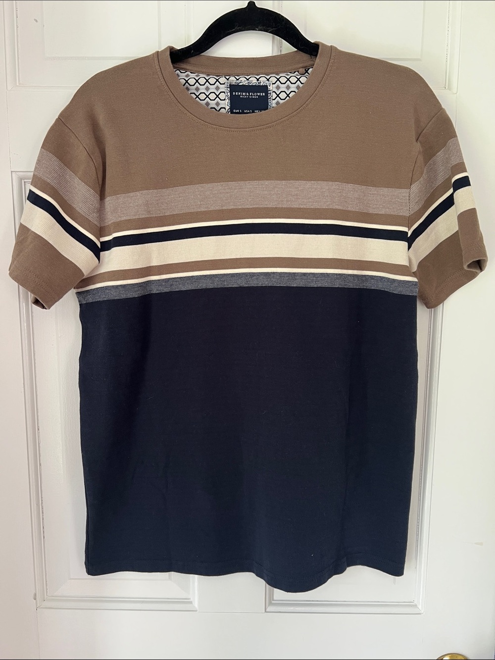 Denim & Flower Striped Short-Sleeve Crewneck, Brown/Navy/Cream, Cotton, Size S